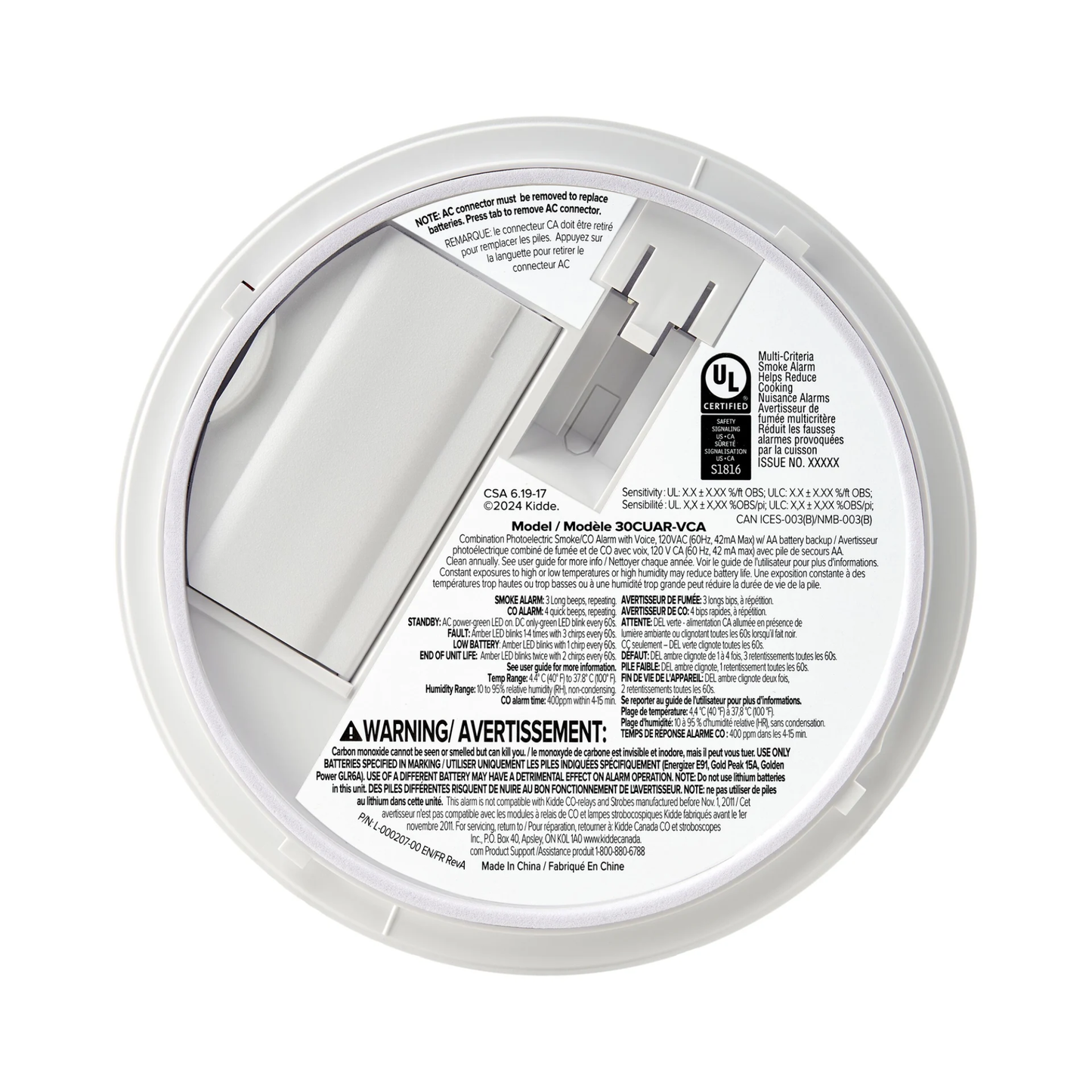 Détecteur de fumée et de monoxyde de carbone combiné Kidde, câblé avec pile de secours AA et alertes vocales