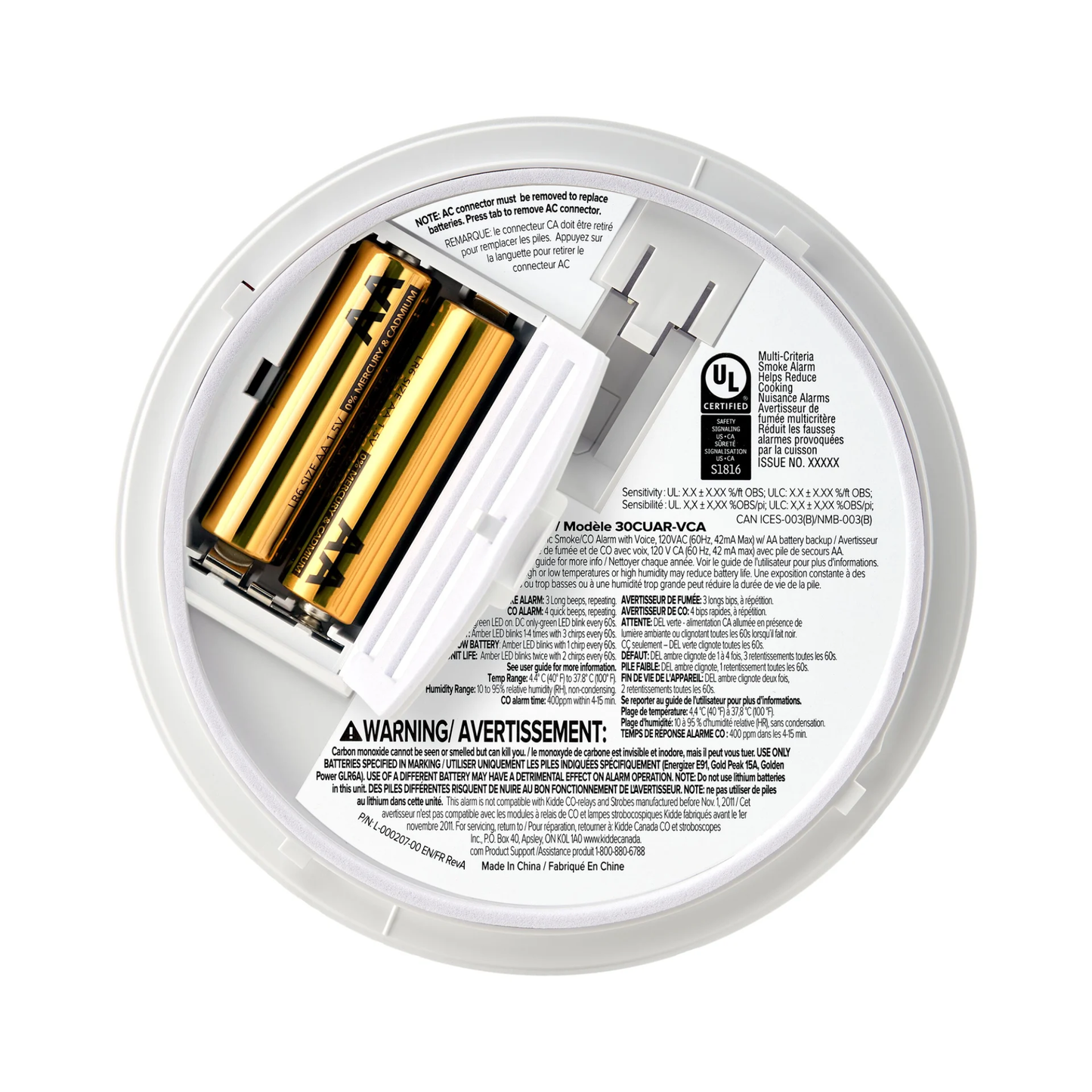 Détecteur de fumée et de monoxyde de carbone combiné Kidde, câblé avec pile de secours AA et alertes vocales