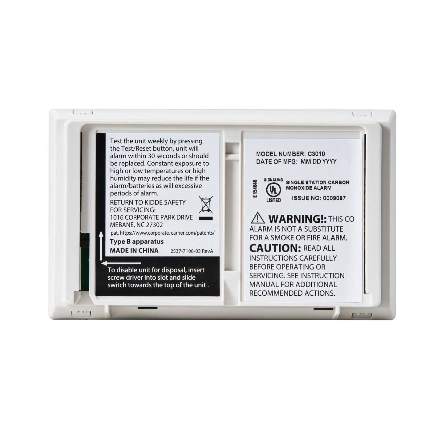 Détecteur de monoxyde de carbone Kidde avec pile de 10 ans, sans souci