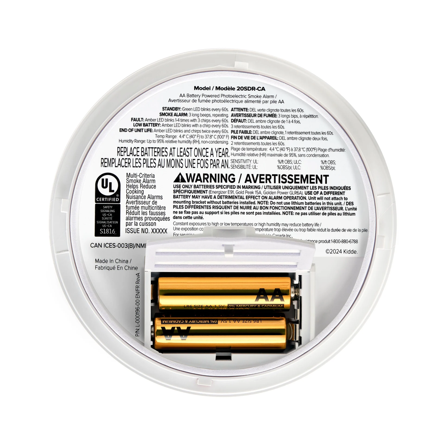 Détecteur de fumée compact Kidde, alimenté par piles AA